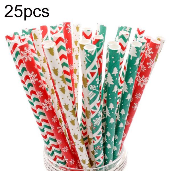 

25pcs christmas tree snowflake hat dot print harmless disposable paper drinking straws kitchen accessories restaurant xmas decor
