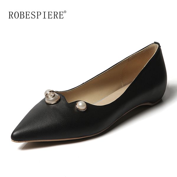 

robespiere women's casual flats genuine leather pearl decoration boat shoes pointed toe ballet slip on female footwear a143, Black