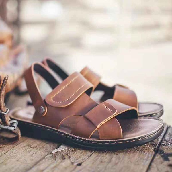 

genuine leather sandals slippers designer slides summer fashion flat slipper wide mouth 38-45 z164, Black
