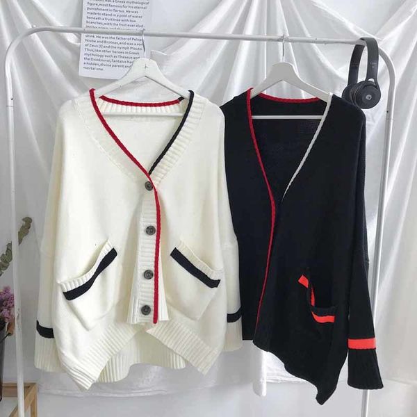 

winter cardigan men fashion contrast stitching casual v-neck knit sweter men streetwear wild loose long sleeve sweaters s-2xl, White;black