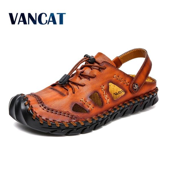 

vancat new casual men soft sandals comfortable men summer leather sandals roman summer outdoor beach big size 38-48, Black