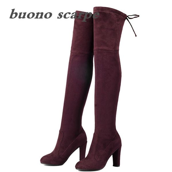 

women's matte suede leggings over the knee boots with high-heeled thick elastic boots, Black