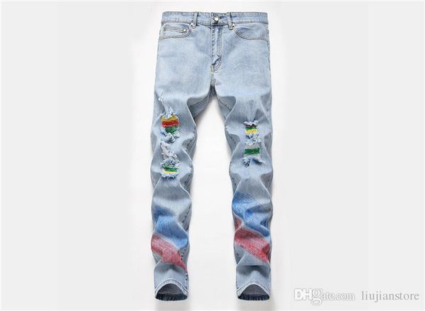 

мужские полосатые печатные рваные джинсы модельер лето молния случайные карандаш брюки середины талии джинсы мужские брюки, Blue