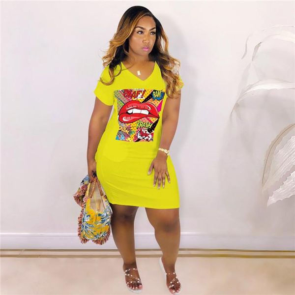 

summer designer v neck straight graffiti bat sleeve tshirt dresses females fashion casual clothes womens big lip print dress, Black;gray