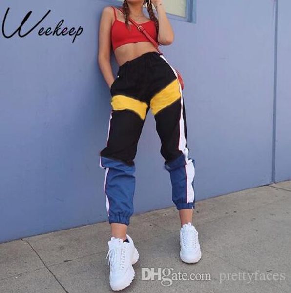 

женщины высокой талии лоскутных брюки черного карандаш штаны streetwear штаны сыпучих jogger брюки женщина 2019 sweatpants, Black;white