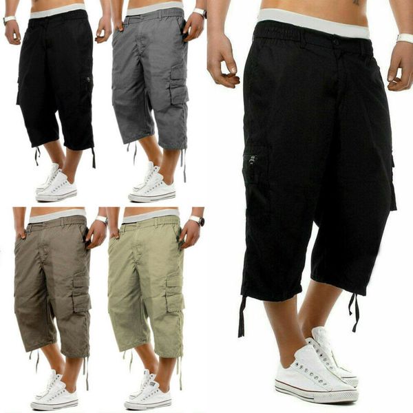 

new style men pants with pocket trouser combat solid summer casual work cargo calf length pants casual straight fashion 2019, Black