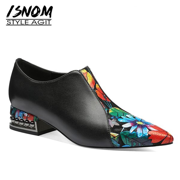 

isnom stud thick heels rivets pump women pointed toe footwear flower print cow leather shoes female zip casual shoes 2019 spring, Black