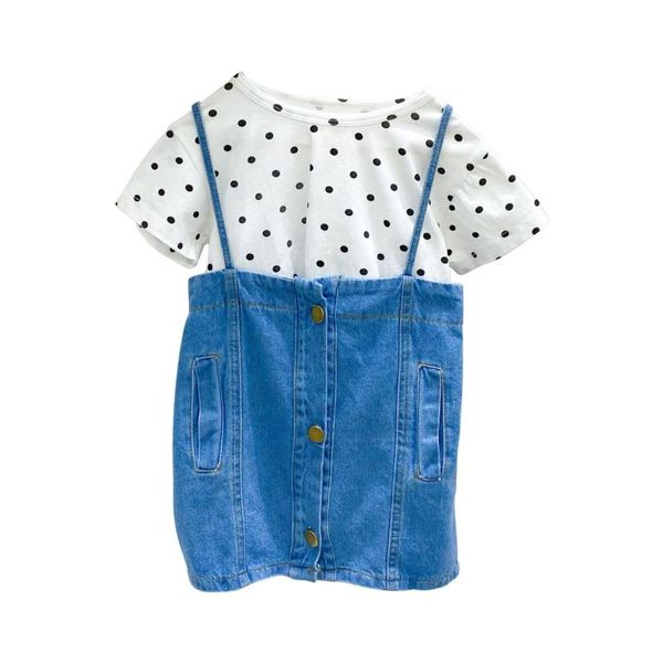 

2pcs wlg girls boutique outfits kids summer dot printed t shirt and denim strap dress set baby girl casual clothes, White