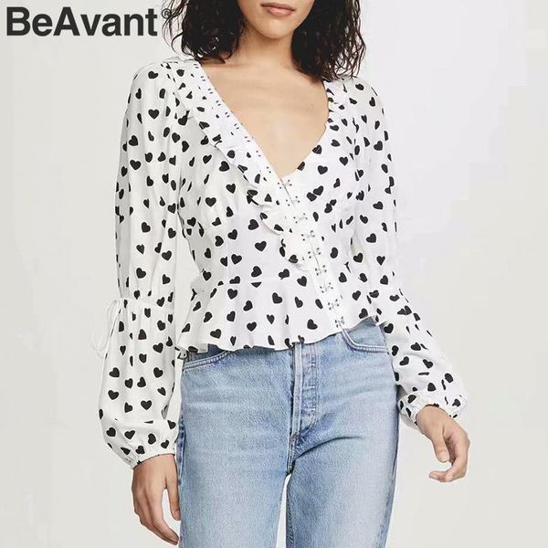 

beavant vintage heart print women blouse shirt v-neck long sleeve asymmetrical female drawstring ruffled ladies blouses top, White