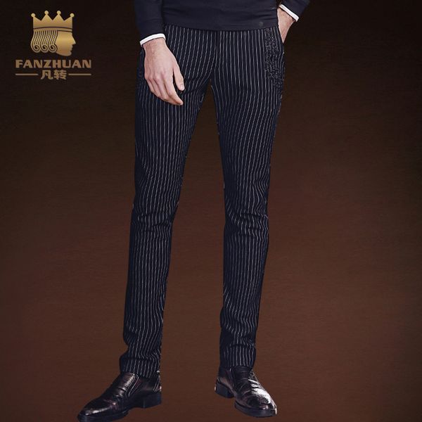 

fanzhuan brands clothing 2018 new spring men's striped casual pants, embroidered trousers fashion business straight trousers, Black