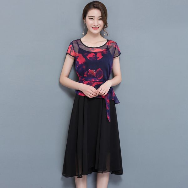 

vestidos elegant fashion women summer dress chiffon print floral ladies mid-calf dress plus size two piece set, Black;gray