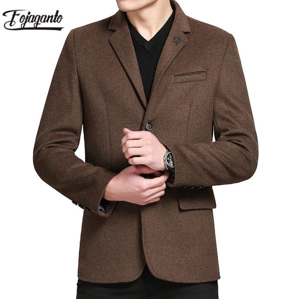 

fojaganto men winter wool coat men's casual style solid color slim fit wool blends woolen pea coat male trench overcoat, Black