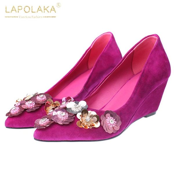 

lapolaka 2020 kid suede wedge heels concise pumps woman shoes pointed toe slip-on crystal party shoes women pumps, Black
