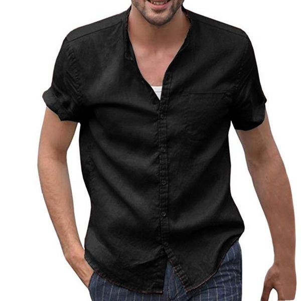 

feitong shirt men baggy cotton linen male shirt 2019 summer autumn solid short sleeve button retro streetwear shirts blouse, White;black