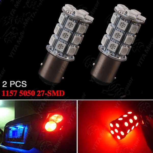 

2x pure red 1157 bay15d p21/5w 27-smd tail brake sled light bulbs 7528 2057 12v 24v
