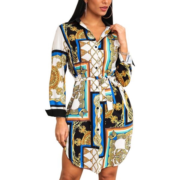 

vintage print long blouse women fashion lapel button lace up blouse office ladies shirt long sleeve blusa streetwear, White