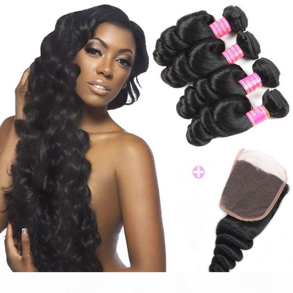 

wholesale 8a peruvian loose wave 4 bundles with closure middle 3 part double weft loose deep wave wavy virgin human hair extensions, Black