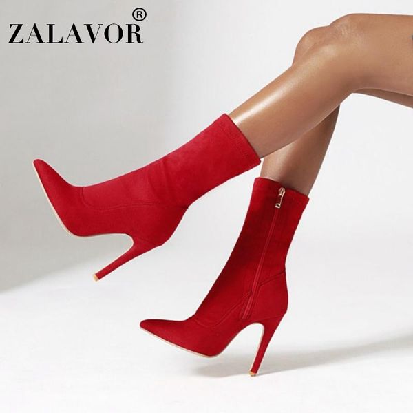 

zalavor women half short boots pointed toe high heels autumn winter shoes women zipper catwalk party footwear size 32-43, Black