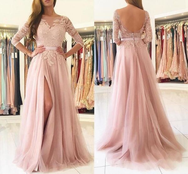 

elegant light pink prom dresses 2019 sheer neck half long sleeves lace appliqued bridesmaid dress high split formal party evening dress, Black