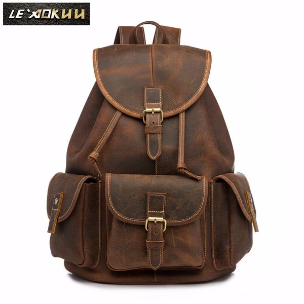 

men original leather fashion travel university college school book bag male backpack daypack student lapbag 9950db