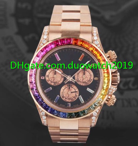 

new 40mm men watches 116595 rbow rainbow no chronograph diamond bezel black dial rose gold band mechanical automatic movement w, Slivery;brown