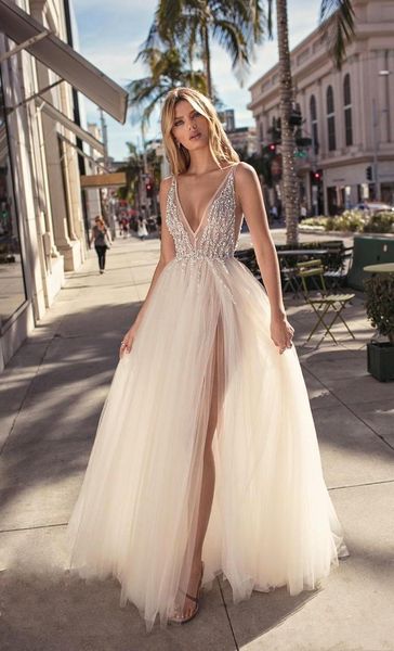 

2020 v-neck split evening dresses plunging neckline crystal prom gowns custom made tulle evening party dress backless party gowns, Black
