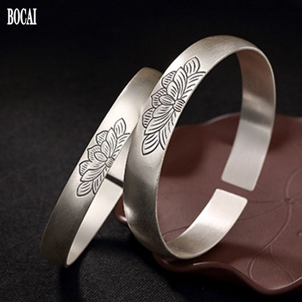 

bangle bocai 2021 100% real s999 pure silver bracelet for woman lotus wishful sterling retro opening matte, Black