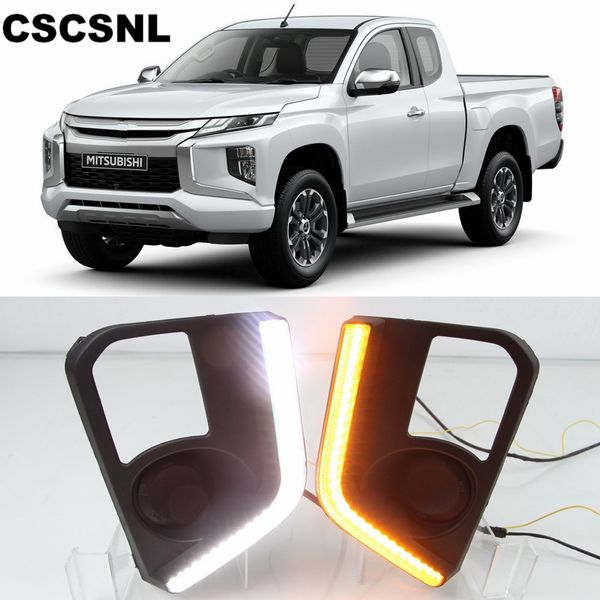 

cscsnl 2pcs car led for mitsubishi triton l200 2019 led drl daytime running lights fog lamp cover with yellow turn signal lamp