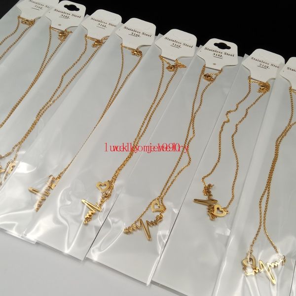 

10pcs lot in bulk gold new ekg heart beat necklace heartbeat rhythm with dangling heart stainless steel jewelry for women, Silver