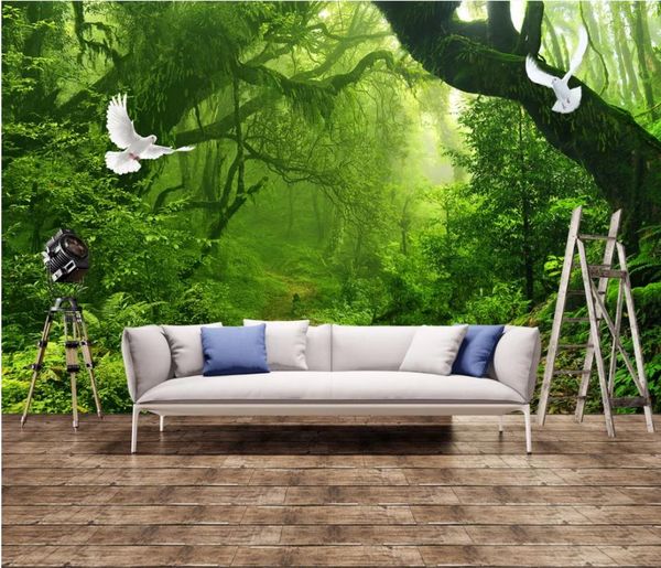 

fresh green forest big tree 3d tv background wall wallpapers for living room