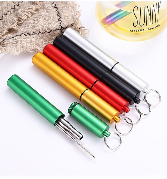 

fda portable reusable folding drinking straws stainless steel metal telescopic foldable straws with aluminum case & cleaning brush