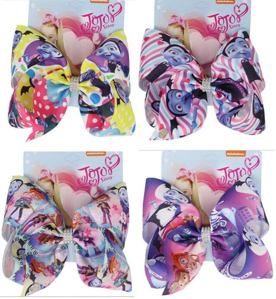 

8" large cartoon printed hair bows for girls handmade ribbon bowknot hair clips accessories 12pcs, Slivery;white