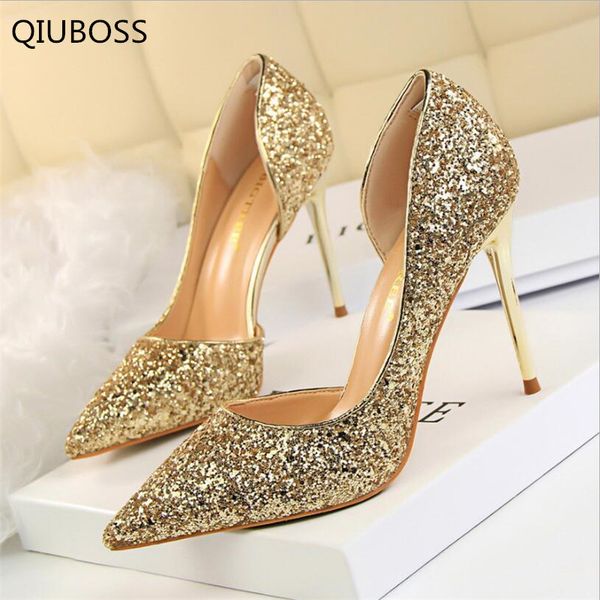 

qiuboss 2018 women pumps glisten women shoes wedding party heels hollow shallow mouth high heels stiletto q213, Black