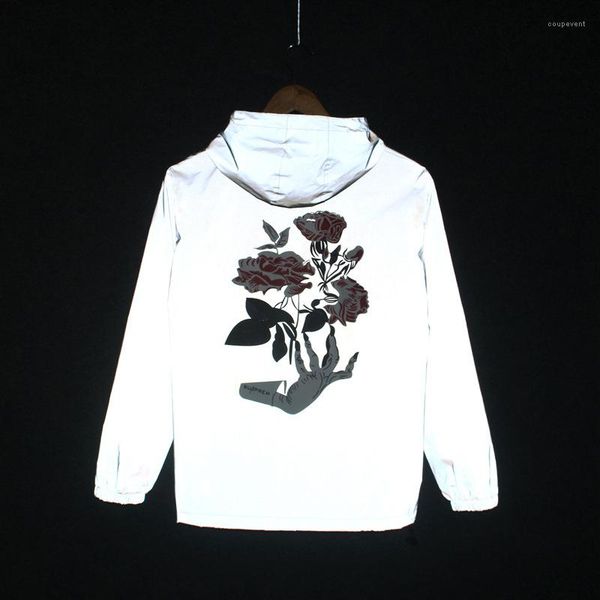 

spring 2020 mens 3m reflective jackets rose flower printed hihop hooded windbreaker jacket autumn, Black;brown