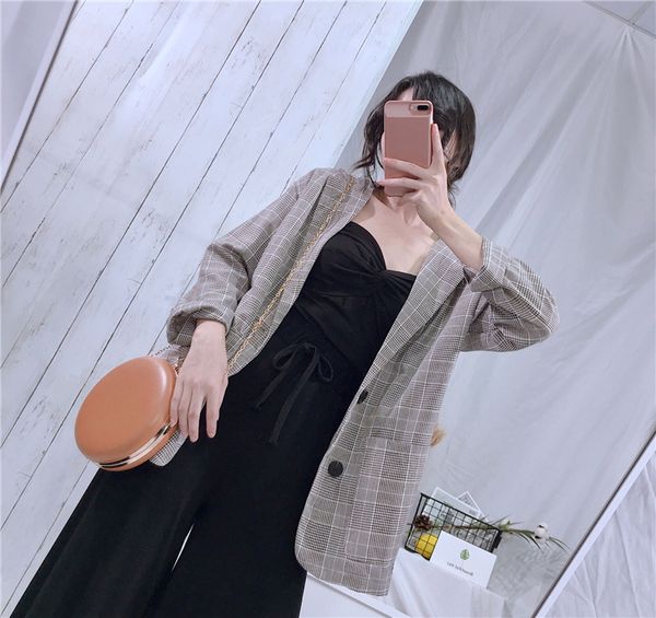 

2019 new office ladies plaid blazer long sleeve khaki single breasted autumn jacket with pocket, White;black