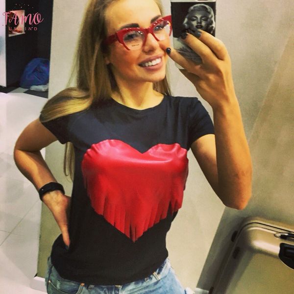 

мода лето девочки топы сердце печати кисточкой t полиэстер рубашки женщины с коротким рукавом майка студентки футболки подростков, White