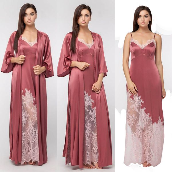 

2020 two piece wedding robes spaghetti strap sleeveless satin silk ruched bridesmaid robe appliqued lace see through night gown for women, White;pink