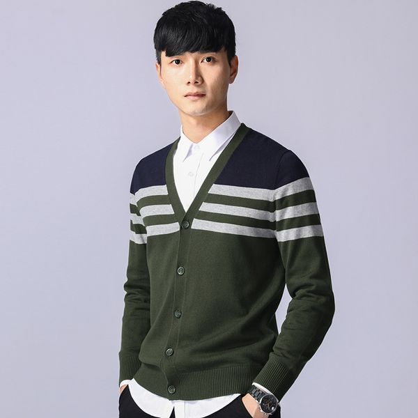 

in the autumn of 2019 men's stripe knitting cardigan teenagers long-sleeved v-neck three recreational sweater, White;black