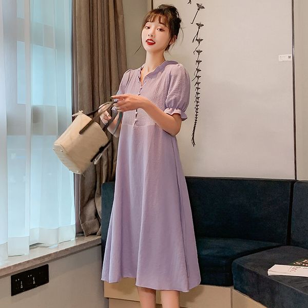 

601# maternity clothes summer solid color cotton short sleeve loose stylish dress for pregnant women mom dress, White