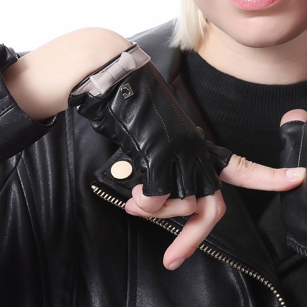 

women fashion elegant real leather cute fingerless half finger gloves, Blue;gray