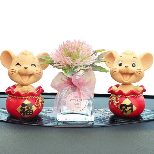 

cute miniature lovely mouse car ornament table cartoon figurine new year interior decor self adhesive home shaking head doll