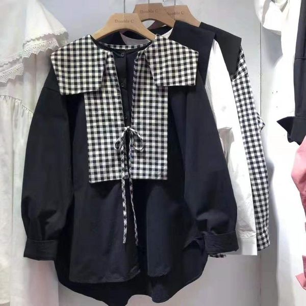 

контраст цвета на шнуровке свободную рубашку 2020 весна новые длинные рукава блуза большой размер женщин съемный воротник женские рубашки то, White