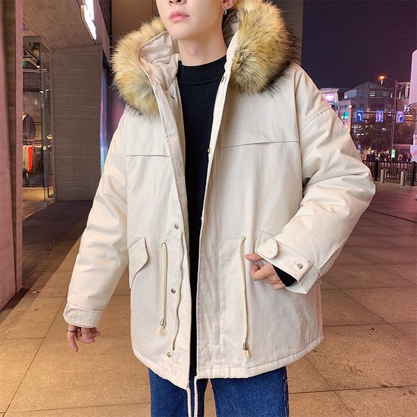 

winter coat men's warm thick fashion solid color casual parka men fur collar hooded coat street wild loose cotton jacket male, Black