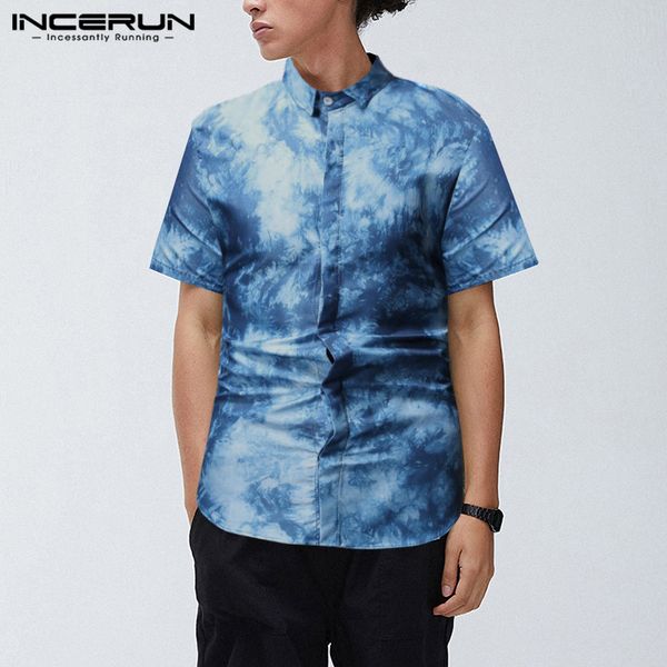 

incerun летняя мода мужская рубашка с коротким рукавом нагрудные кнопки галстук краситель градиент блузка дышащая уличная гавайские рубашки, White;black