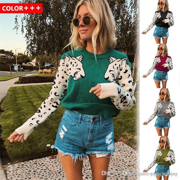 

o neck long sleeve womens sweater wool winter ladies clothing women designer sweater colorful leopard print, White;black