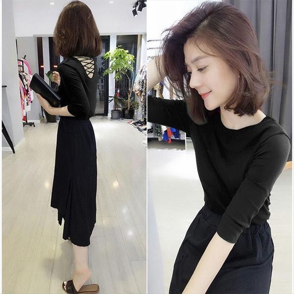 

cotton back hollow autumn women's european style slim base casual cotton back hollow t- autumn women's european t-shirt style slim, White