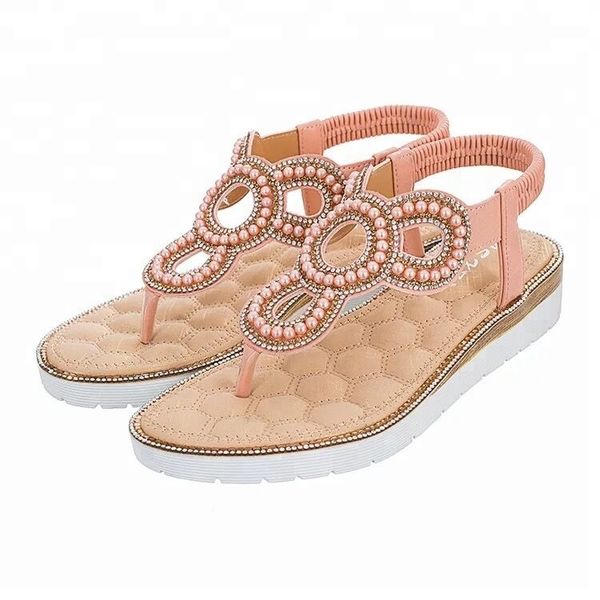 

summer womens wedge thong flip flops sandals cozy bohemian flat platform beach slippers with beads, Black