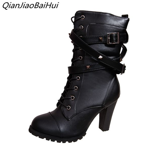 

2018new motorcycle boots ladies vintage combat autumn boots punk goth women women biker pu leather black short