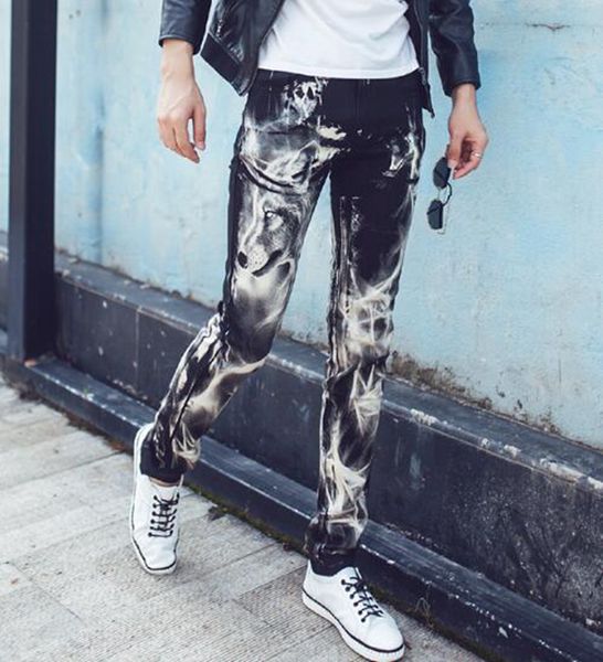 

мужская европа сша и южная корея версия новой модной тенденции для похудения личности волк принт узкие брюки ноги 28-36, Blue