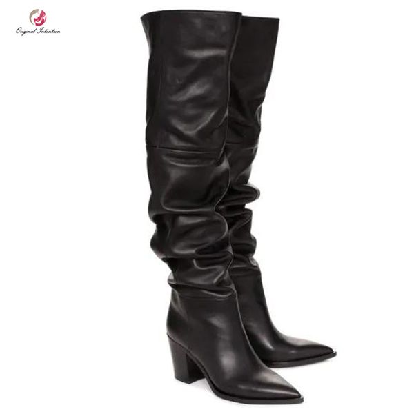 

original intention fashion over the knee high boots woman genuine leather shoes woman black chunky heels platform winter boots